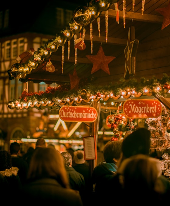 A festively decorated street at the Christkindlmarkt