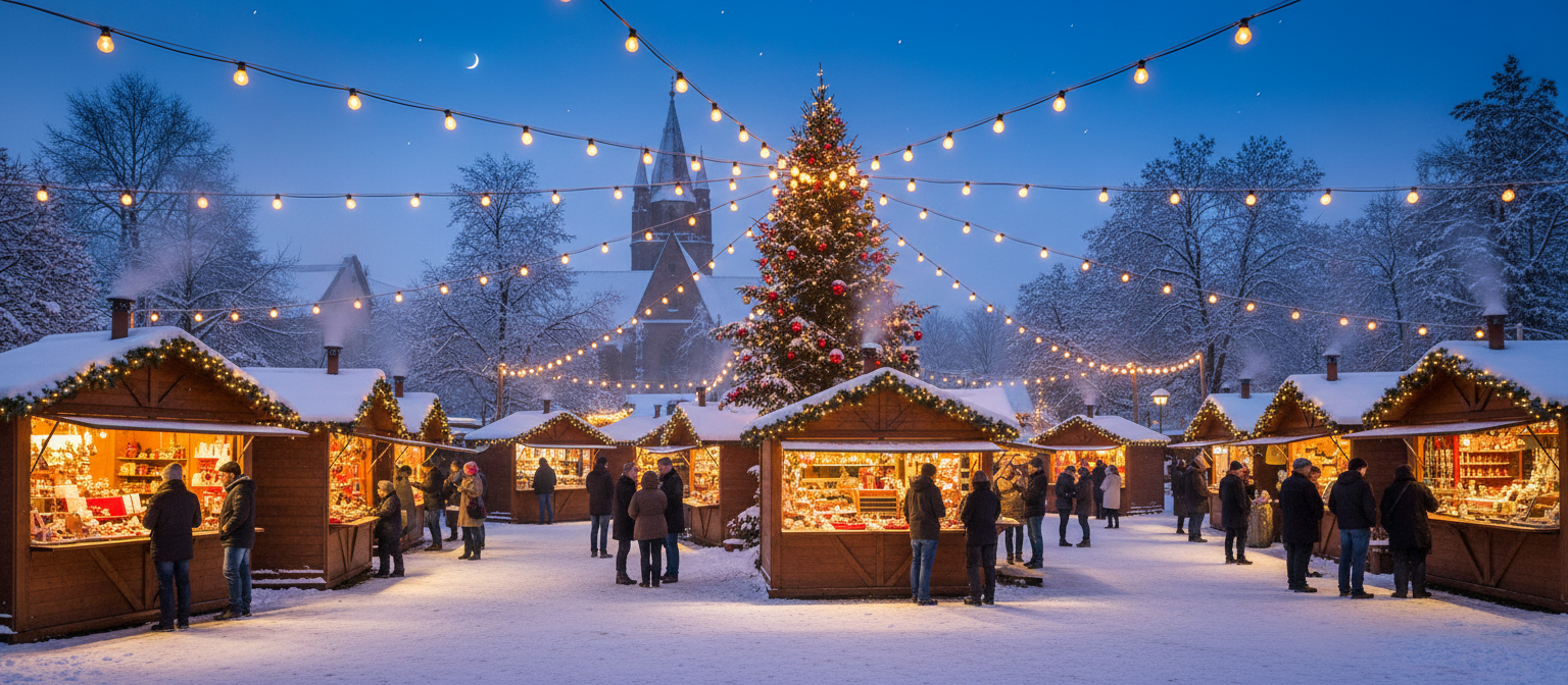 A snow-dusted street of Christkindlmarkt vendor stalls at dusk