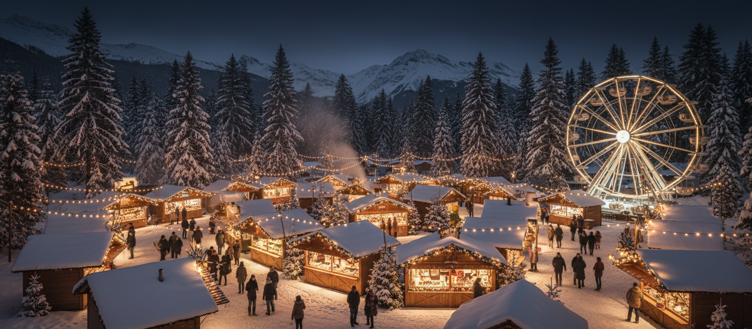 Golden holiday lights strung across the Christkindlmarkt at dusk