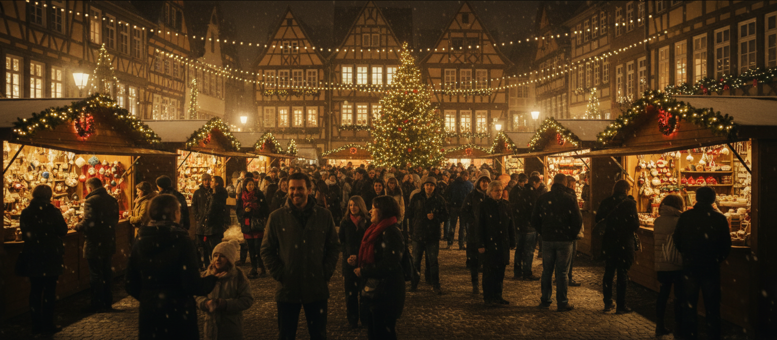 A festive Christkindlmarkt street glowing with lights at dusk